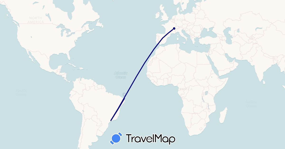 TravelMap itinerary: driving in Brazil, Spain, France (Europe, South America)